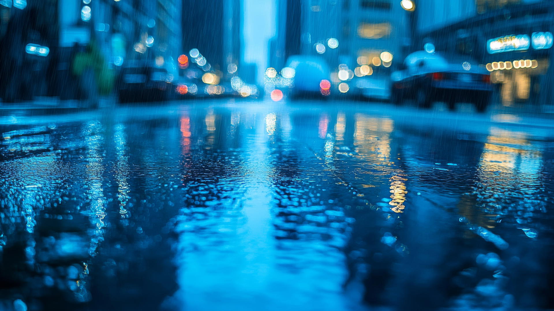 Rainy city street in blue tones with shimmering reflections, wallpaper blue