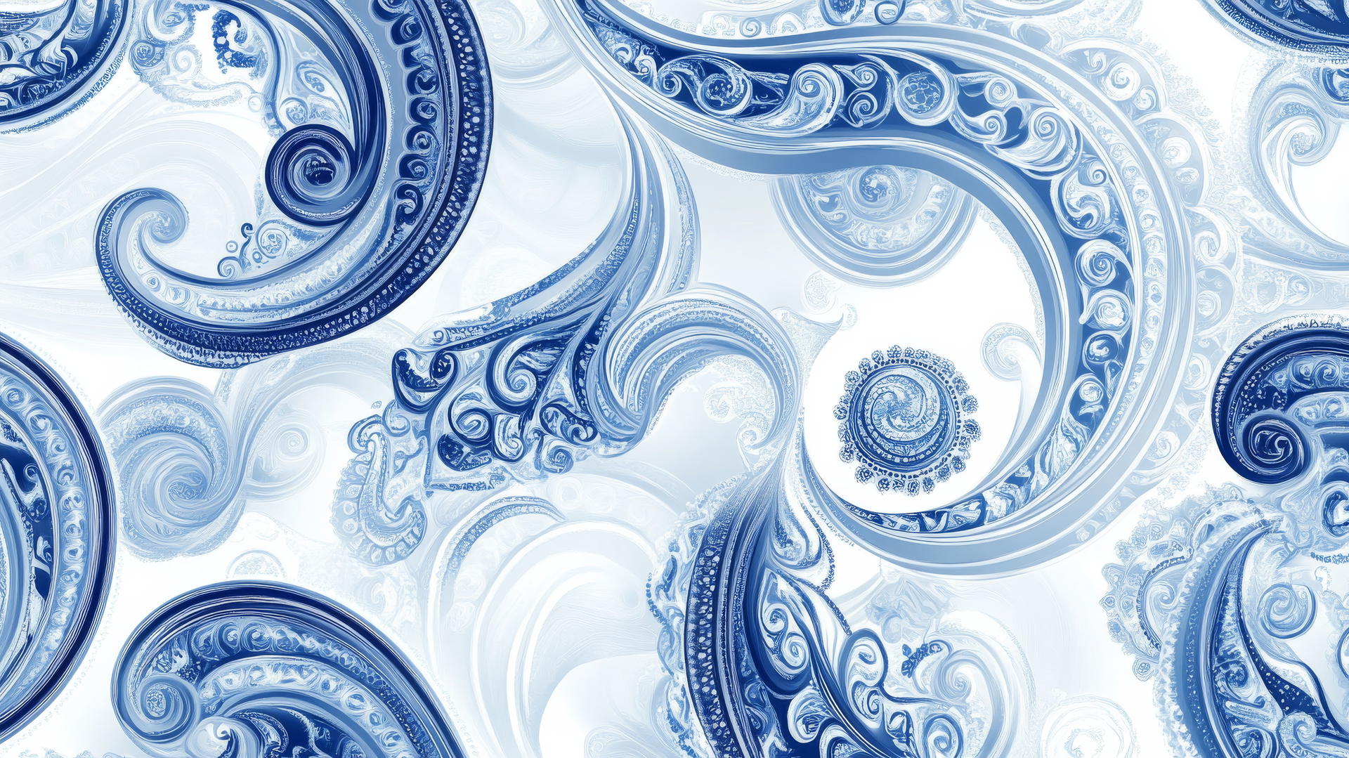 Elegant blue and white paisley swirls on soft white background