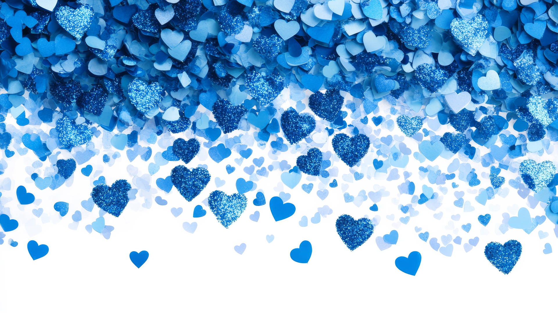 blue heart wallpaper with an explosion of blue heart confetti against a white background