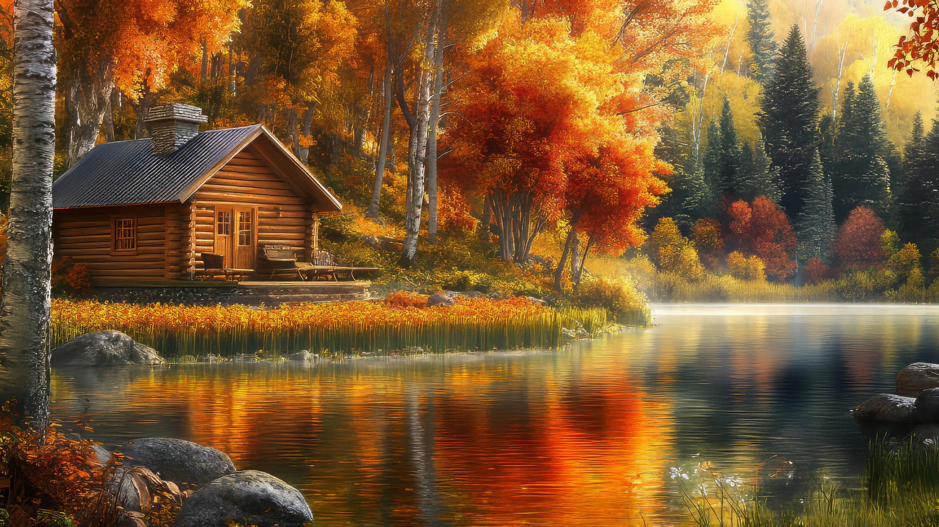 Thanksgiving wallpaper with a wooden cabin by a lake, surrounded by colorful fall trees.