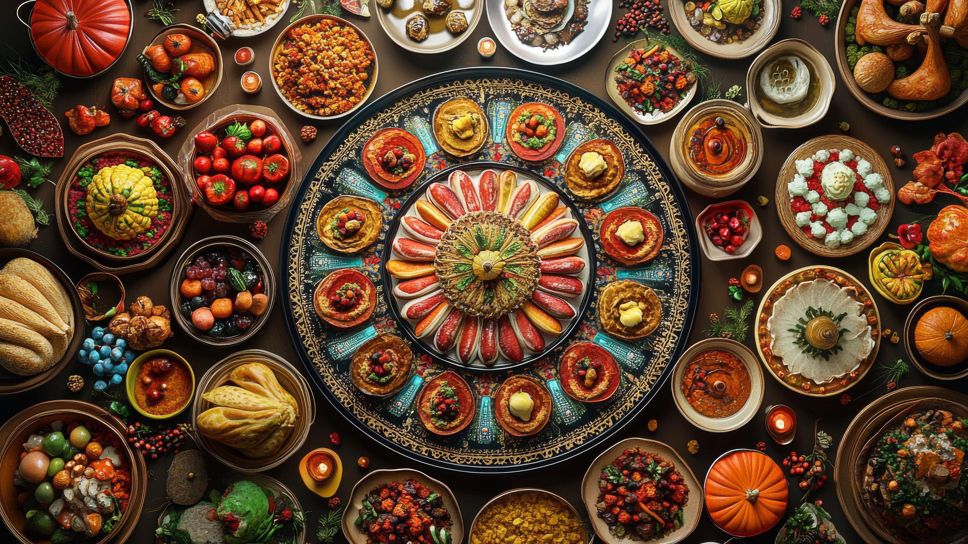 Thanksgiving aesthetic wallpaper with colorful dishes in a festive mandala