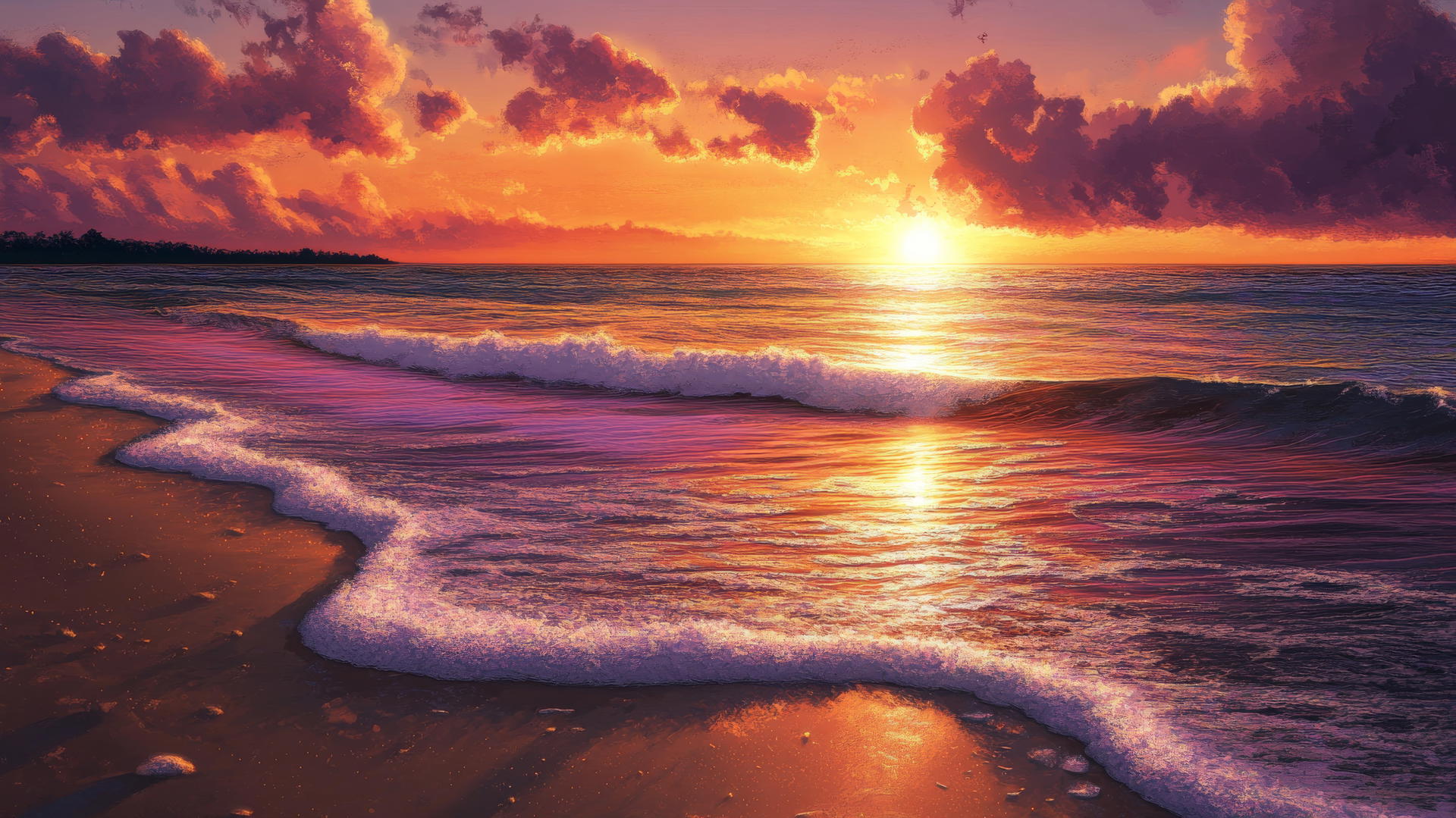 Vibrant sunset over ocean waves with orange, pink, and purple sky - summer wallpaper