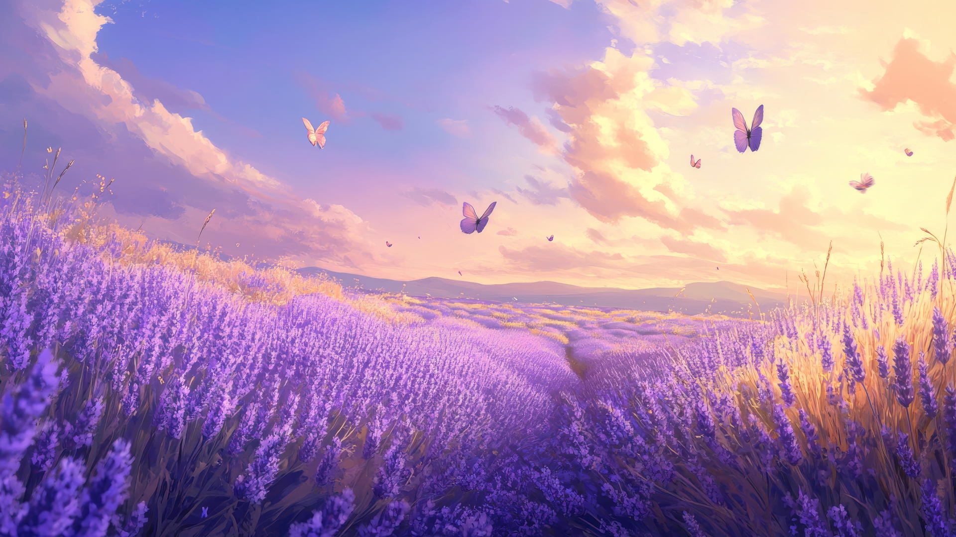 Endless lavender fields under warm summer sky, swaying in breeze, butterflies fluttering, summer wallpaper