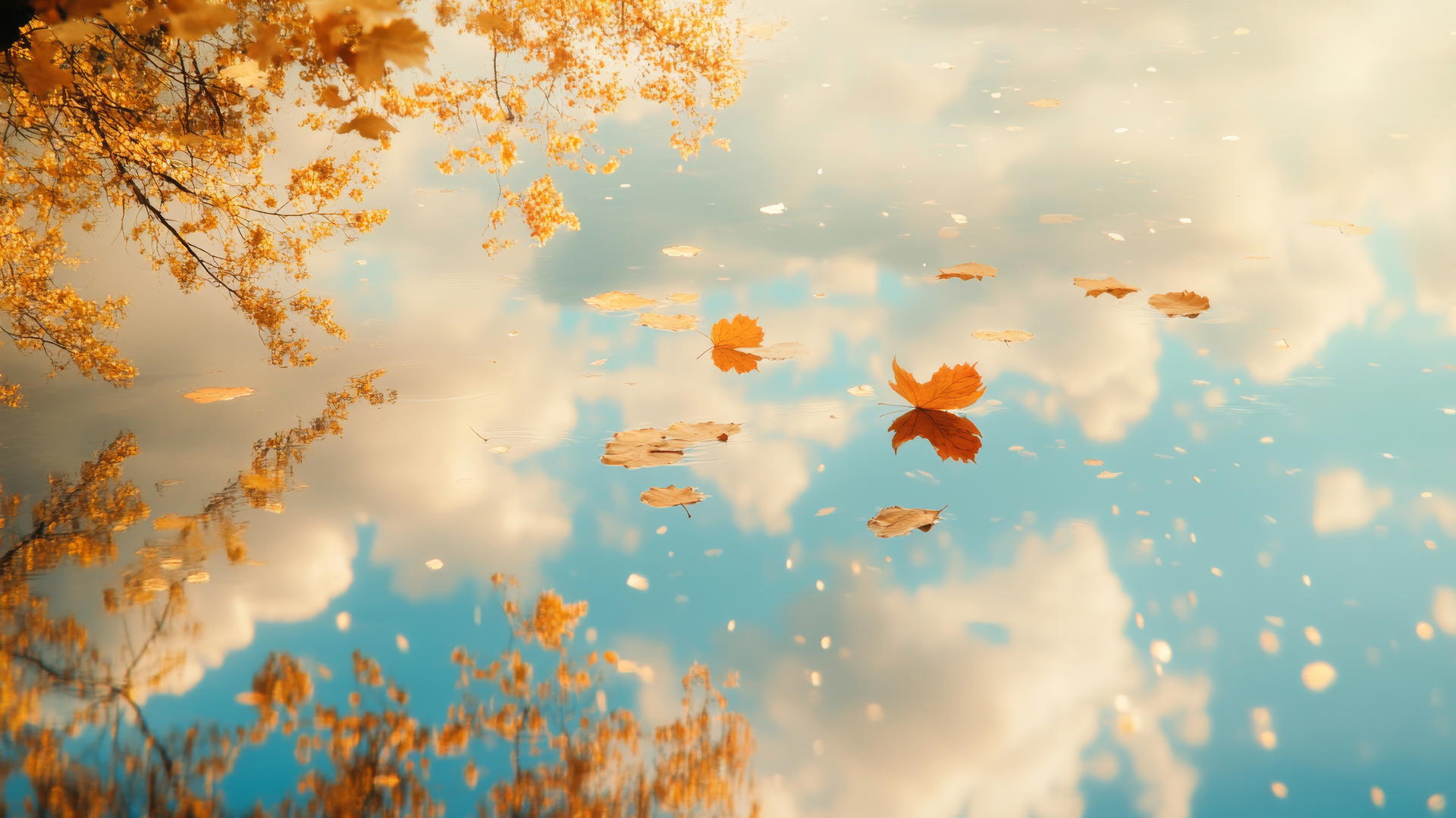 Aesthetic Thanksgiving wallpaper with golden leaves over a mirror-like pond reflecting a pastel autumn sky.