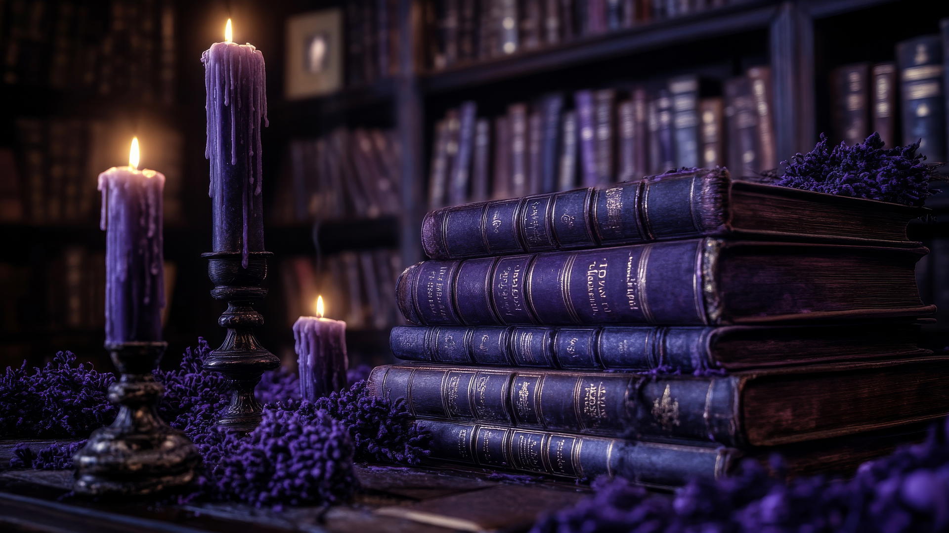 Purple aesthetic wallpaper 4k featuring dark academia with antique books and candlelight