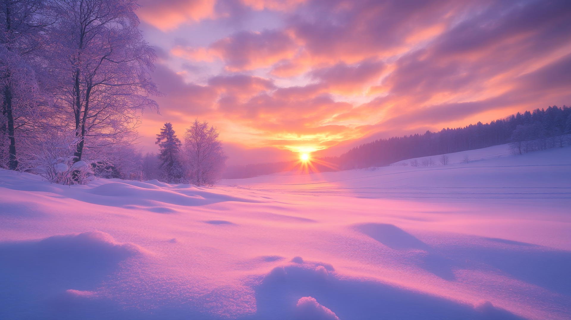 Beautiful winter wallpaper with pastel-hued sunset over snowy meadow