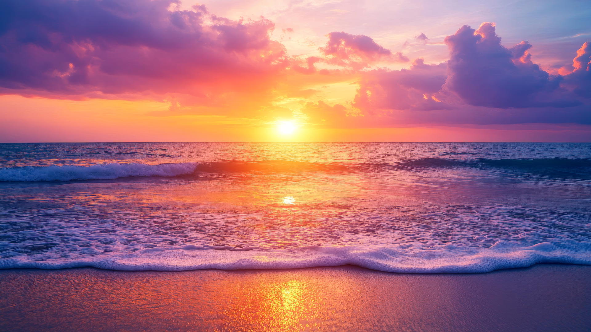 vibrant beach sunset wallpaper with deep oranges, pinks, and purples