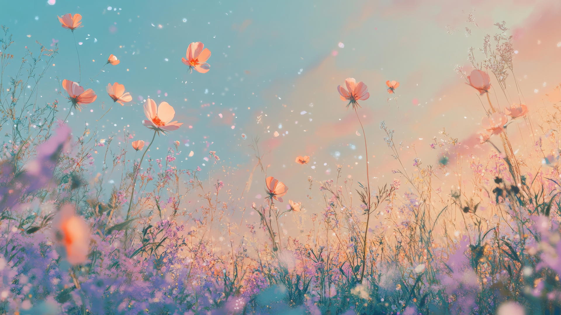 spring flowers wallpaper with wildflowers under a pastel sky