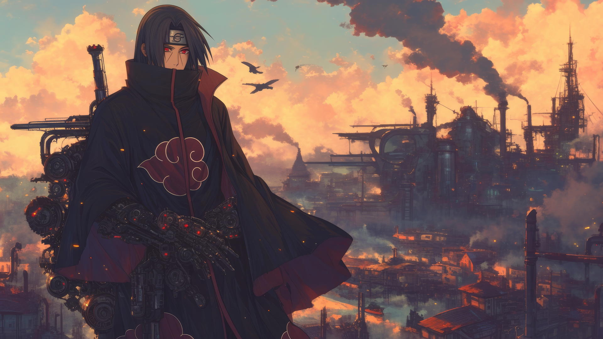 Itachi Uchiha in detailed steampunk mechanical outfit with gears and pipes