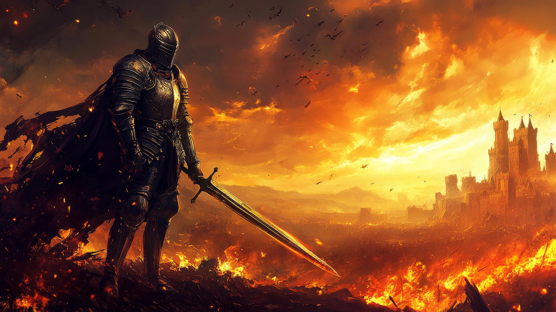 cool wallpapers for boys, heroic knight in shining armor on a battlefield with a fiery sunset