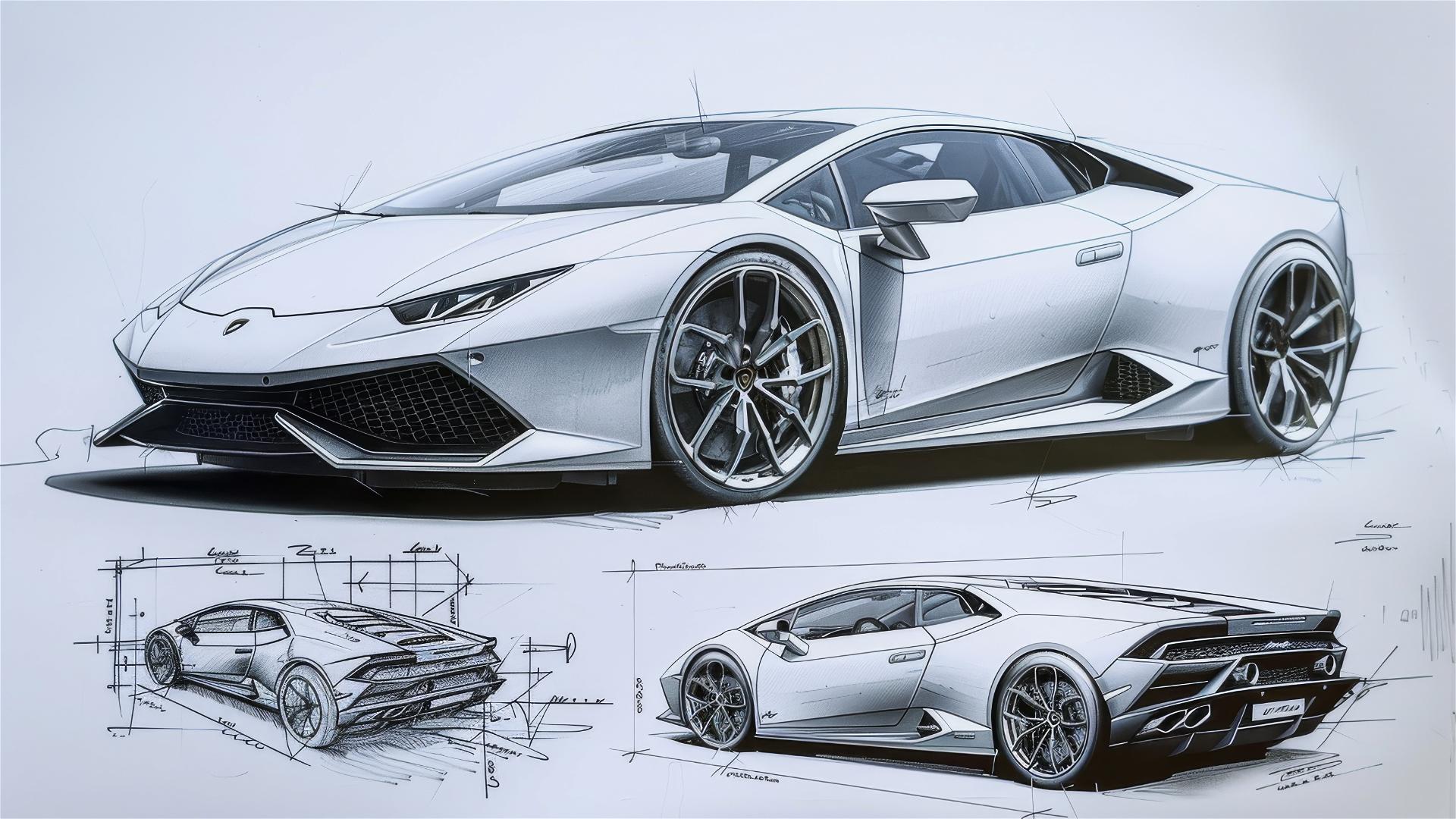 Black and white Lamborghini Huracan blueprint and sketch.