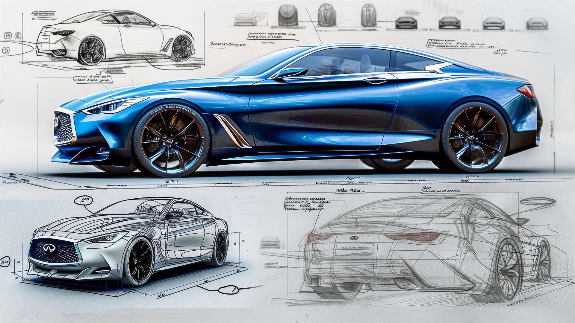 Black and white Infiniti Q70 blueprint and front view sketch.