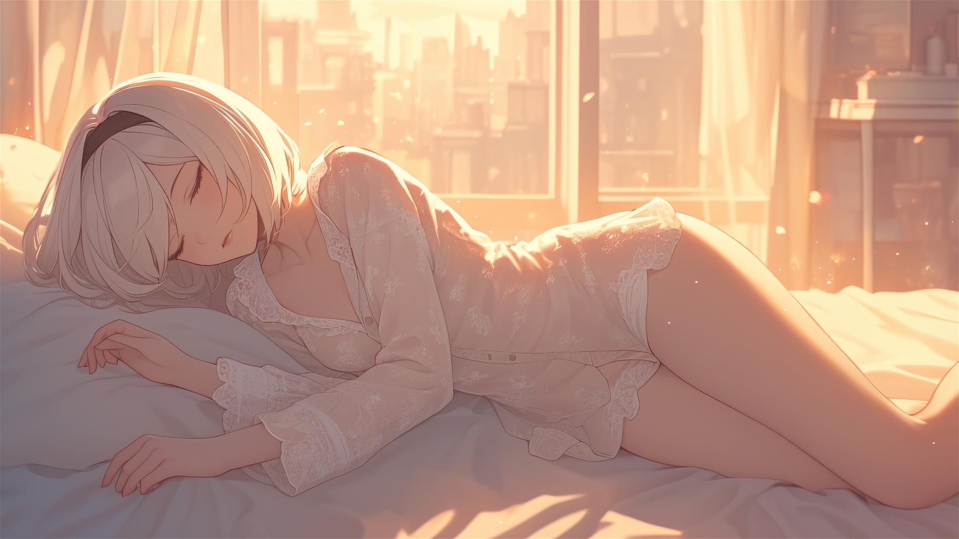 2B from Nier in white silk pajamas, bathed in sunrise glow.