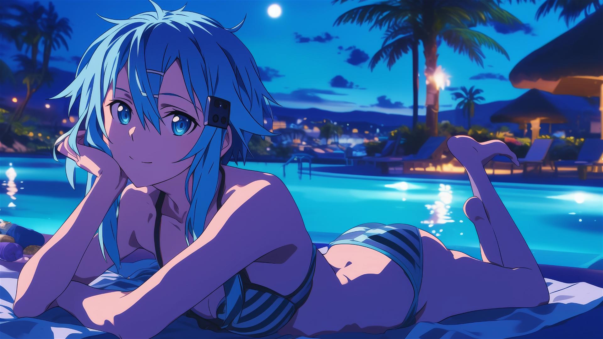 Sinon from SAO resting by pool under moonlight