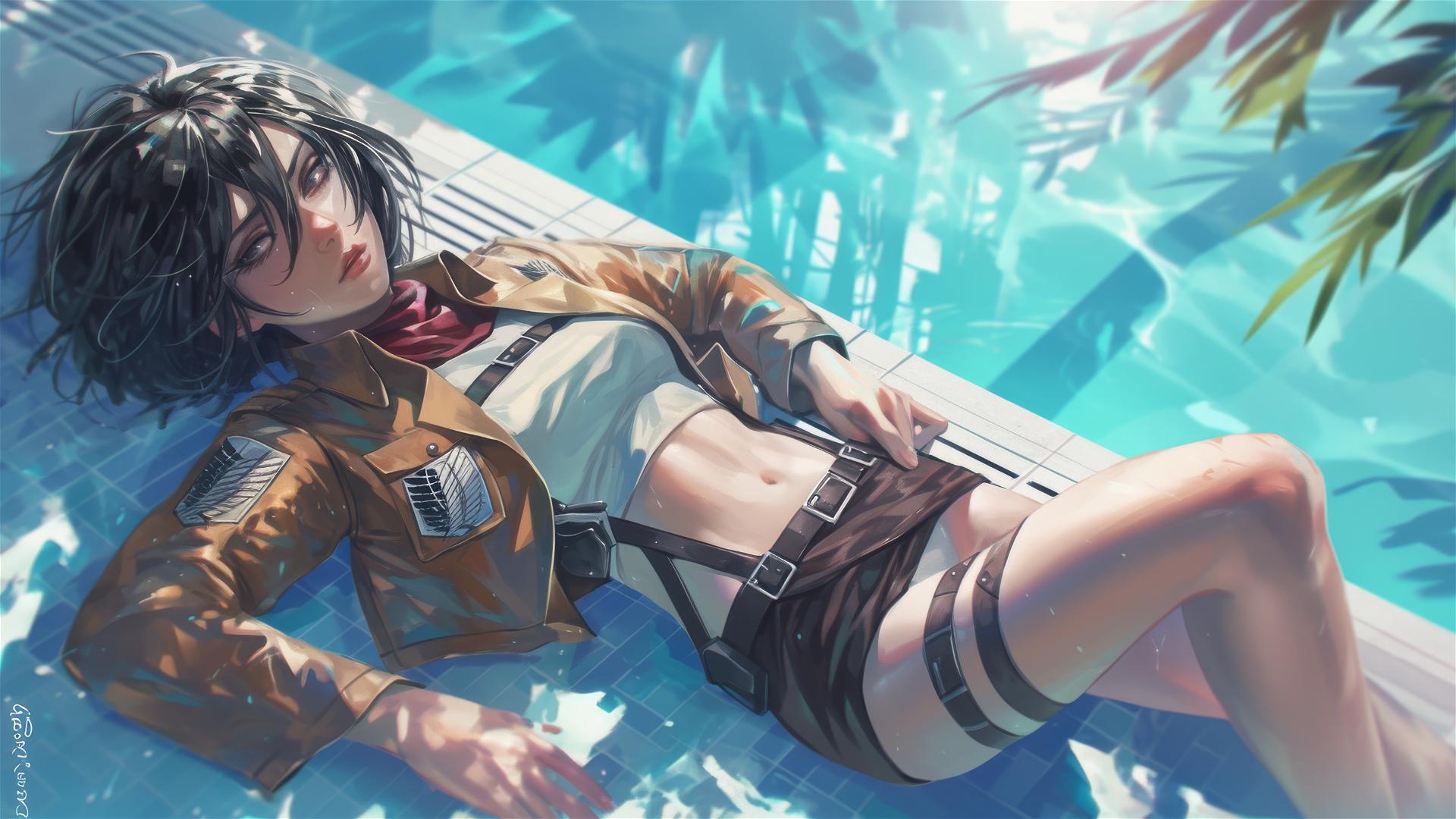 Mikasa Ackerman resting by pool under moonlight