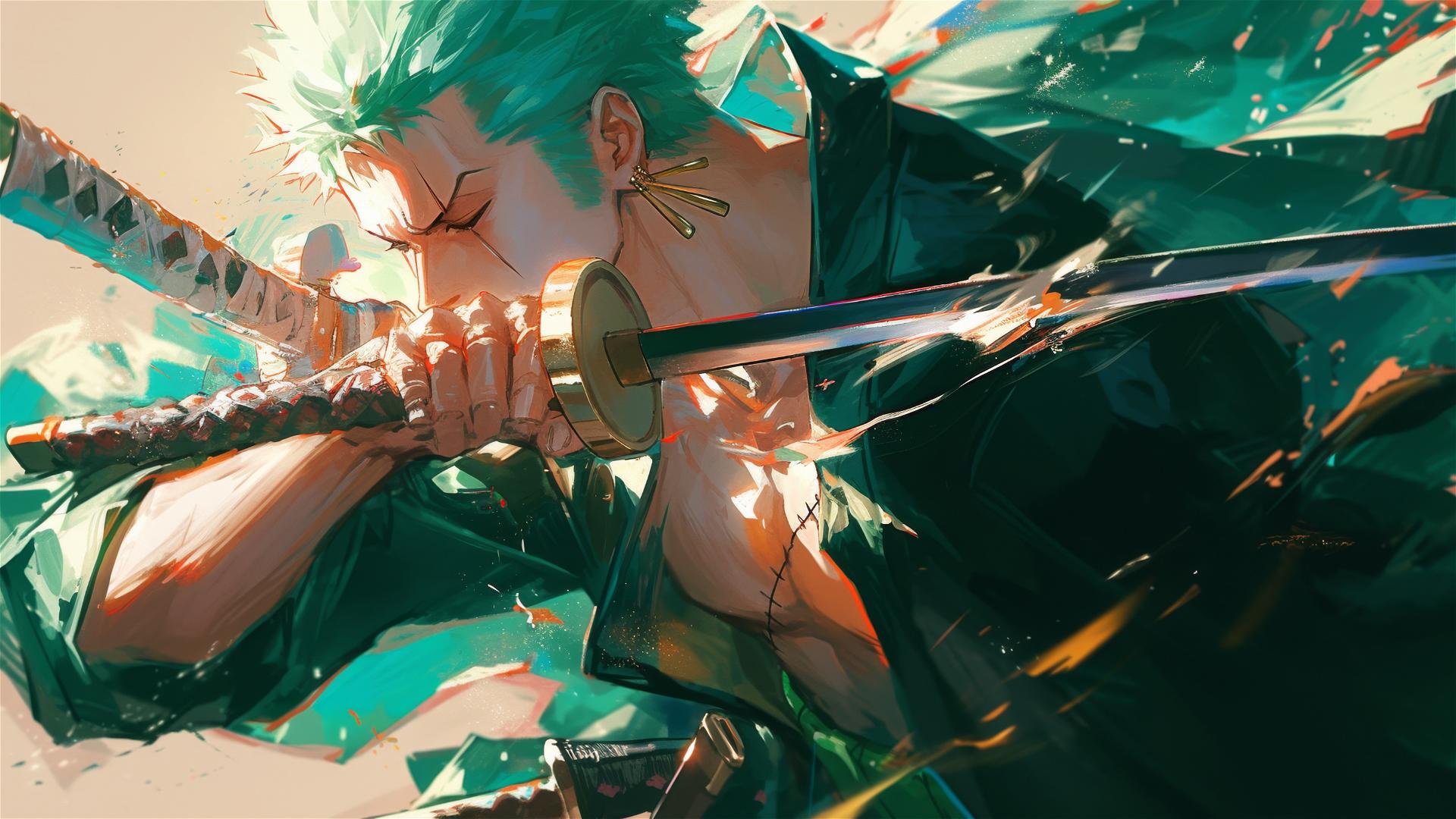 Roronoa Zoro in flames sharpening swords