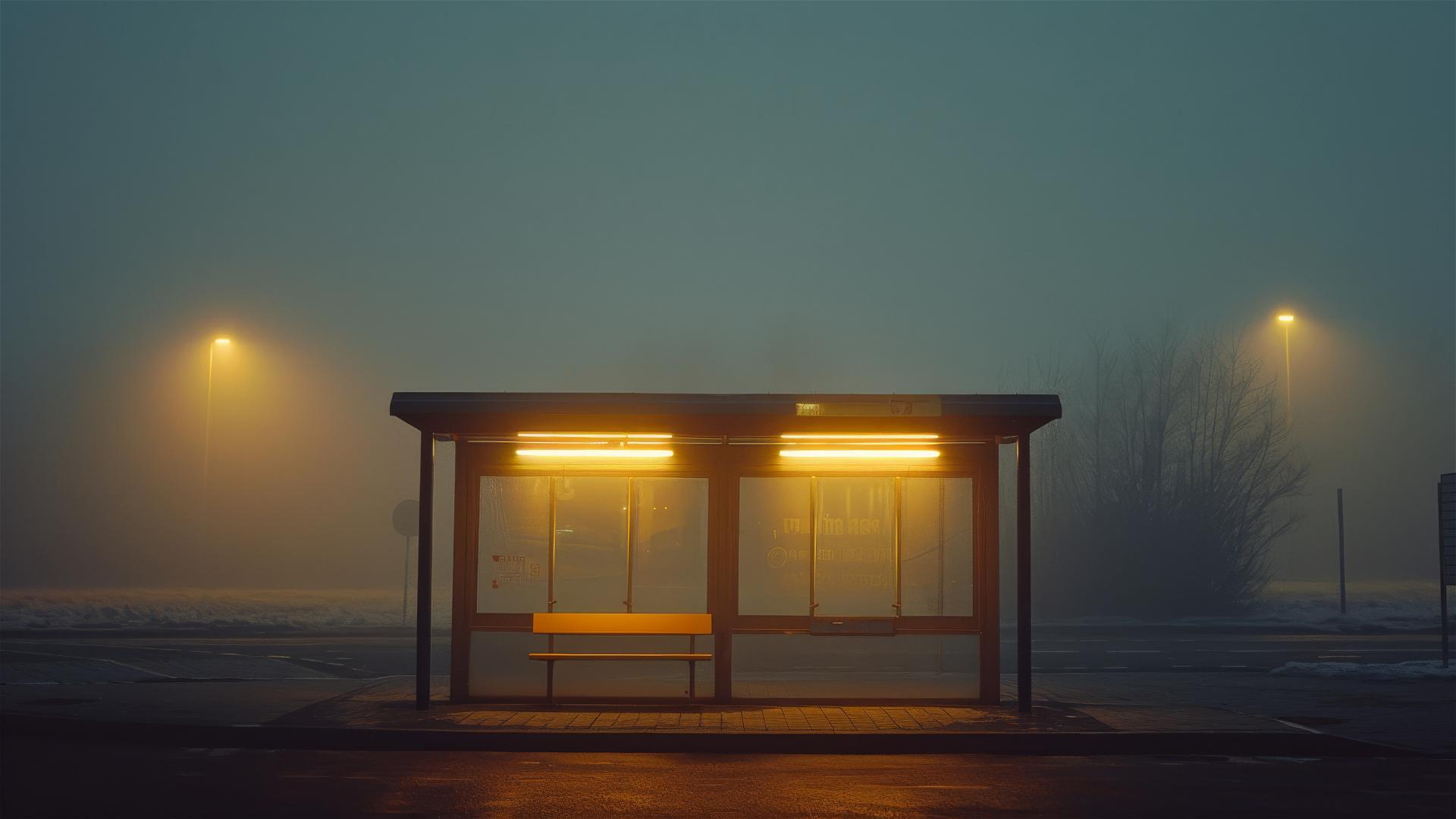 Kodak KB10 film camera photo of a foggy bus stop, no vehicles or humans, distant lights, hazy night scene
