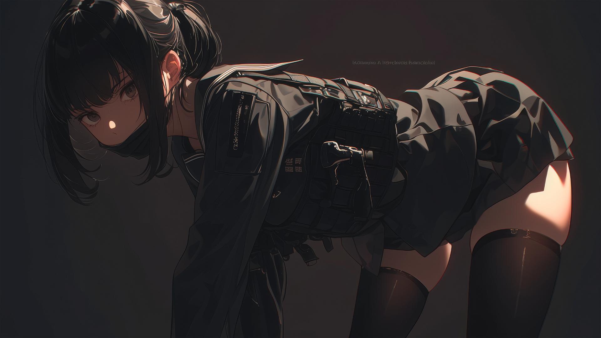 Tactical school girl with a dark mask and thigh focus in a dynamic pose