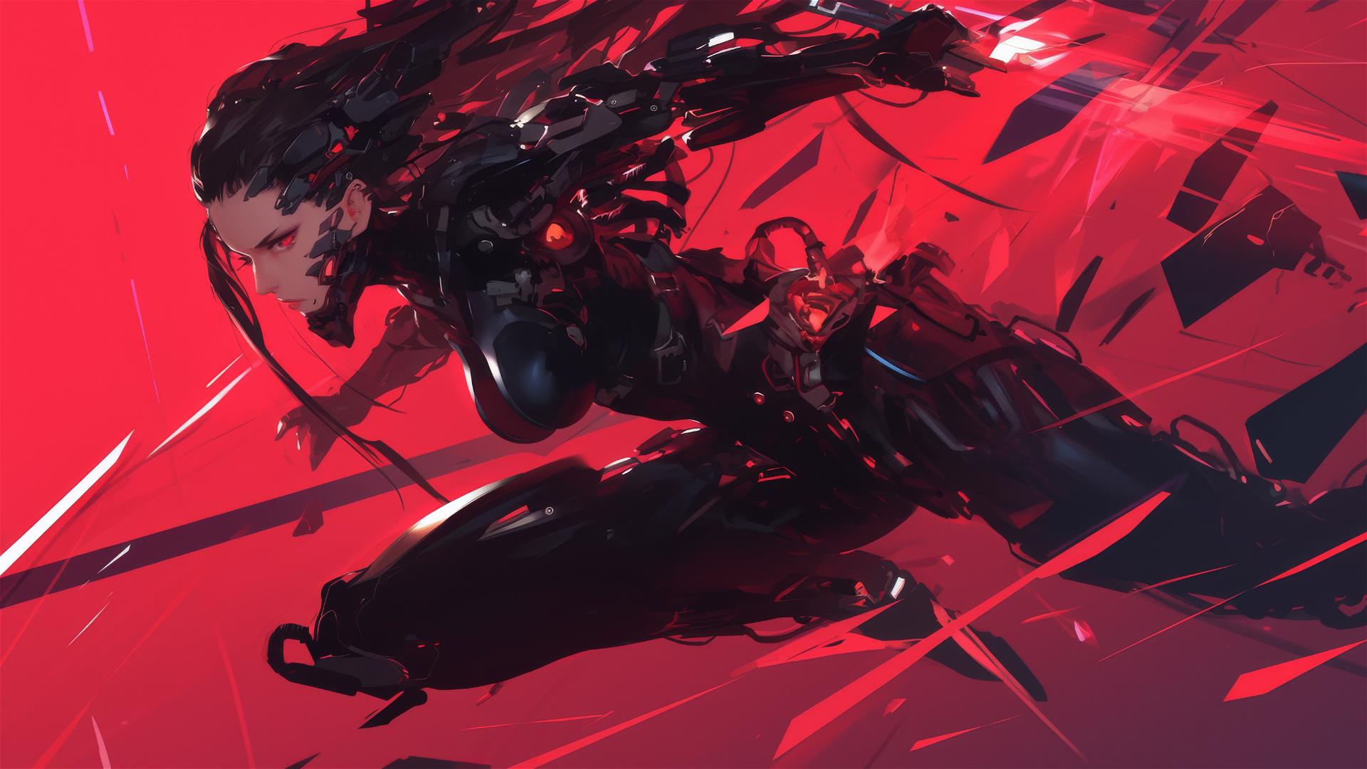 Cybernetic Agent Girl in dynamic pose with thigh focus on dark background