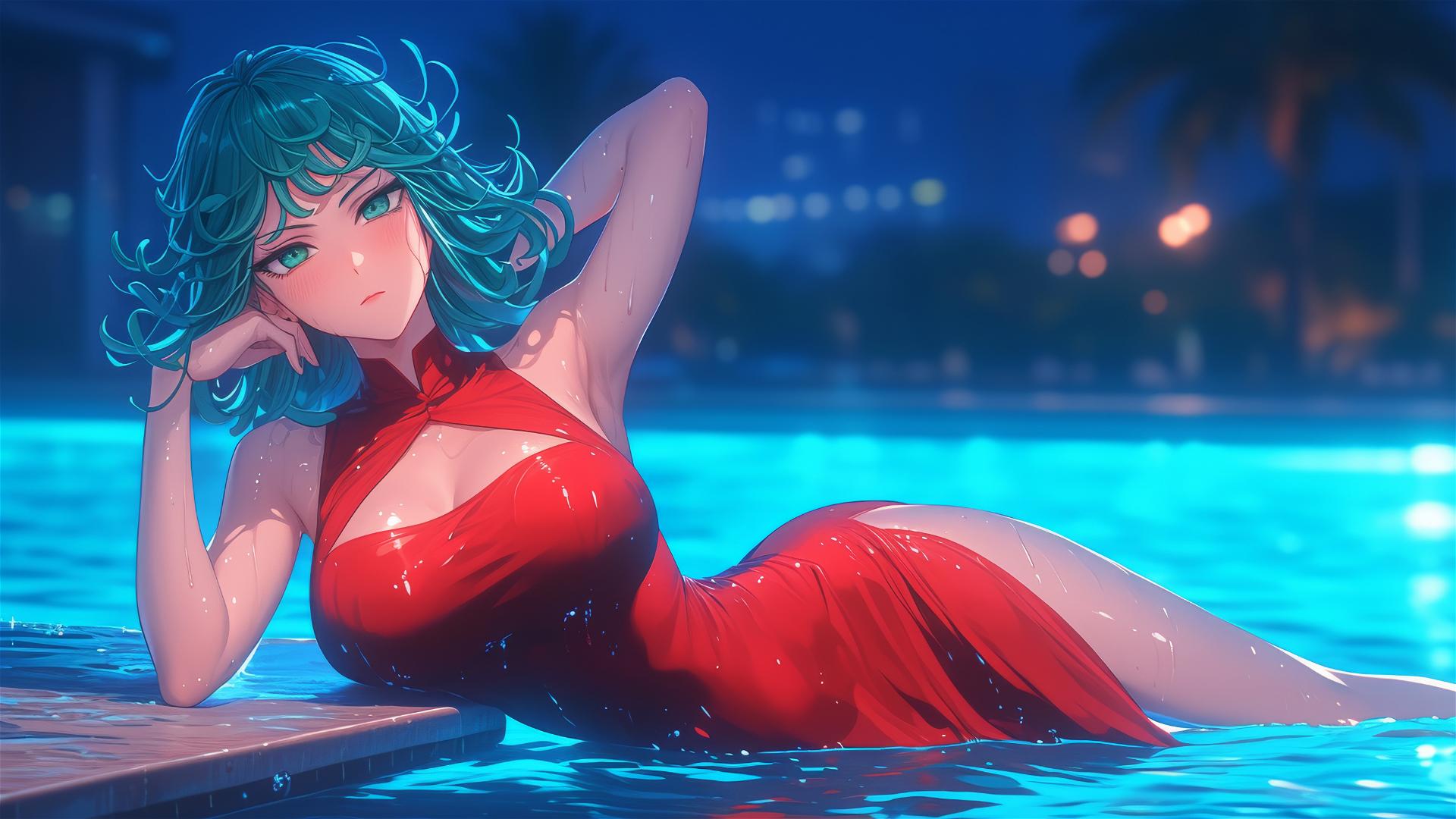 Tatsumaki from One-Punch Man resting by the pool under moonlight, rain falling, wearing a red dress