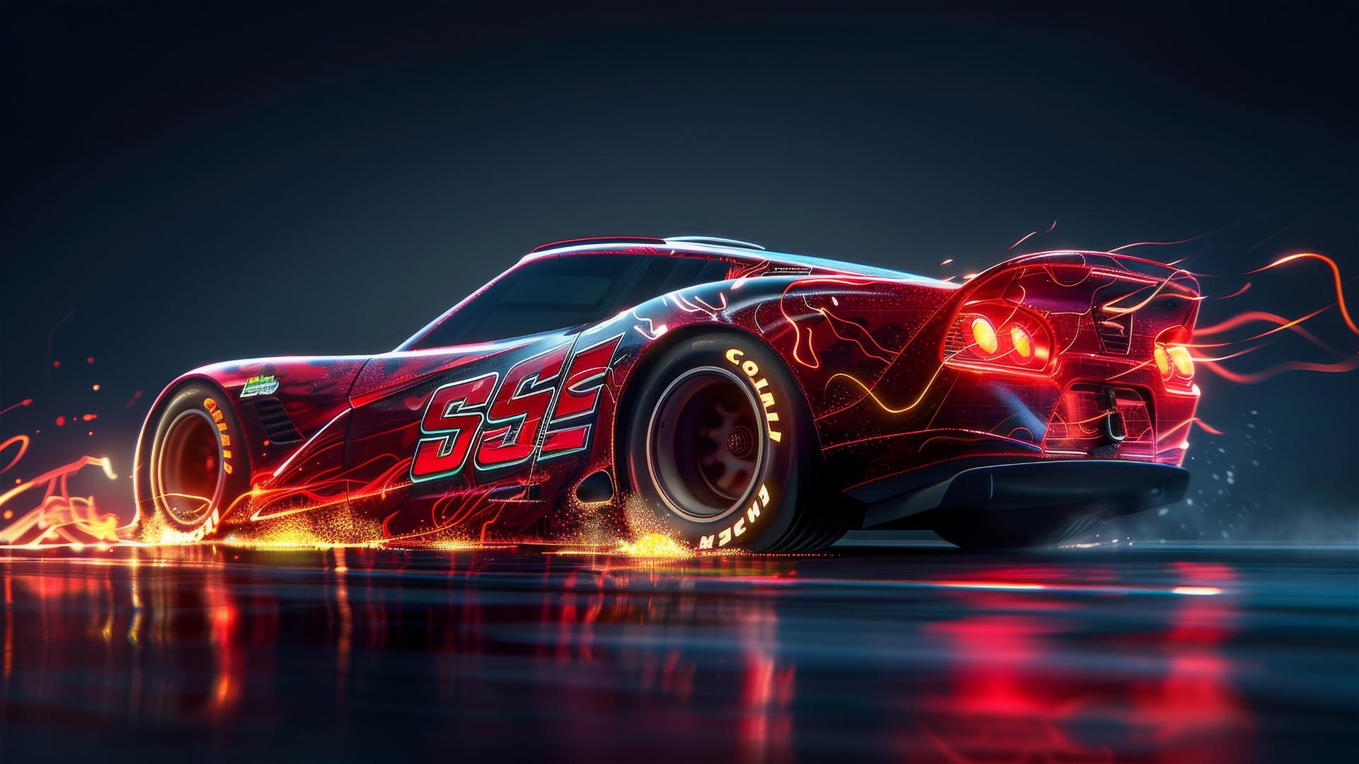 Pixar-style Lightning McQueen with a Harry Potter twist under a spotlight.