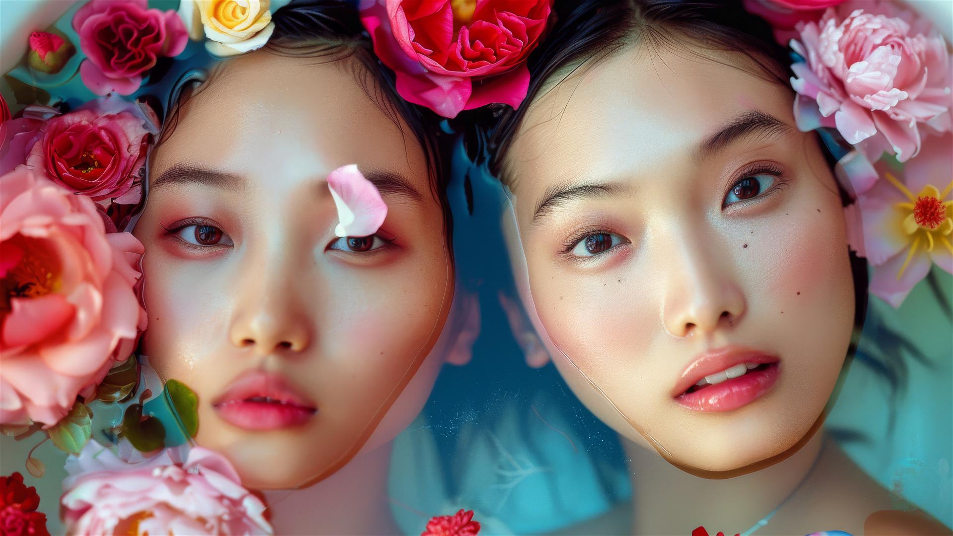 Asian women in flower-filled tub at Chinese spa