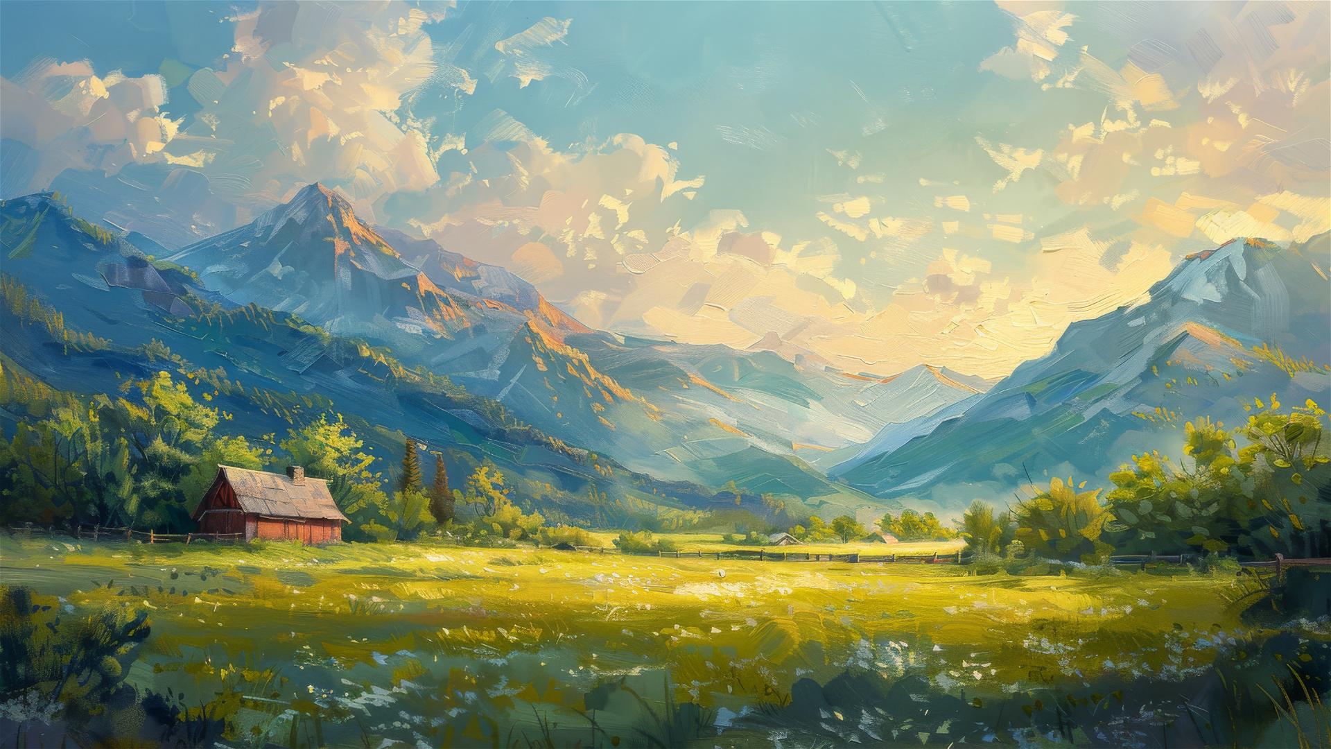 Serene oil painting of a farmhouse in the mountains with warm, calming tones