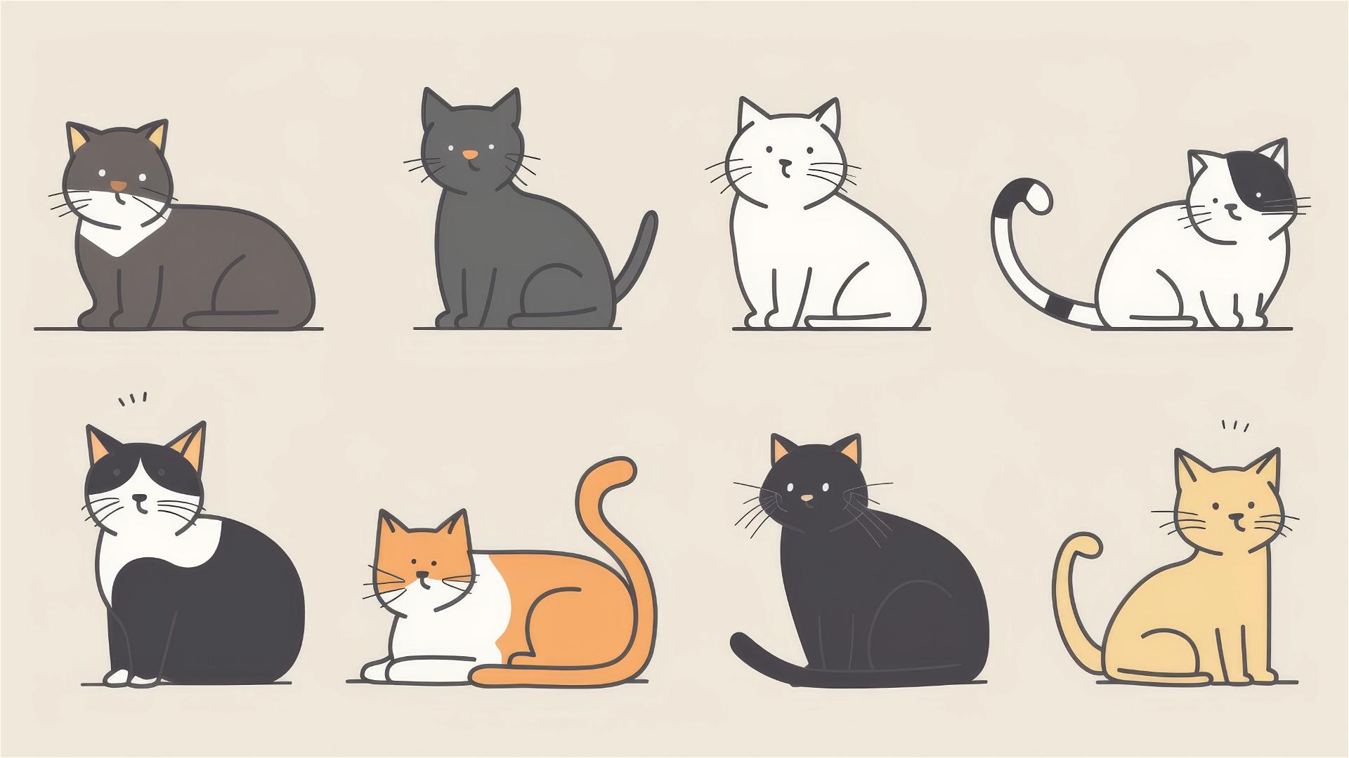 Simple line drawing of cats in different positions on a pastel cream background.