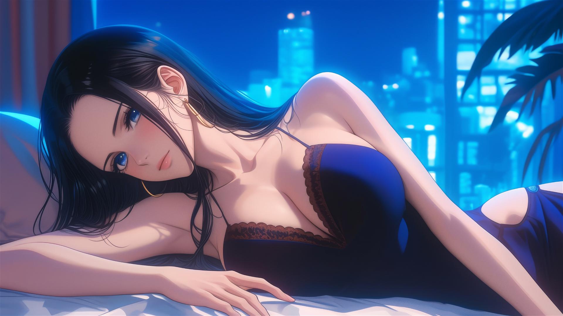 Nico Robin resting in modern hotel room with moonlight glow