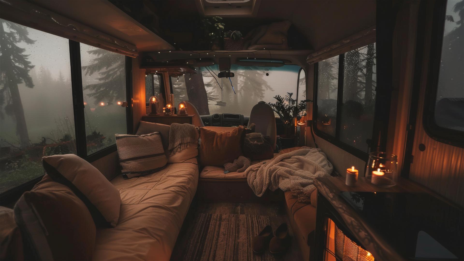 cozy RV interior on a rainy day