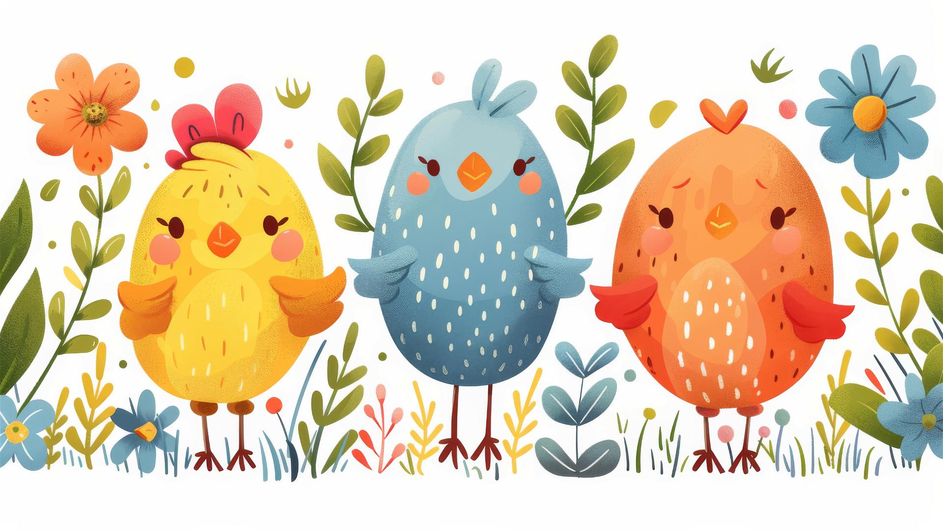 Kawaii doodle icons with hens, flowers, and seeds in pastel