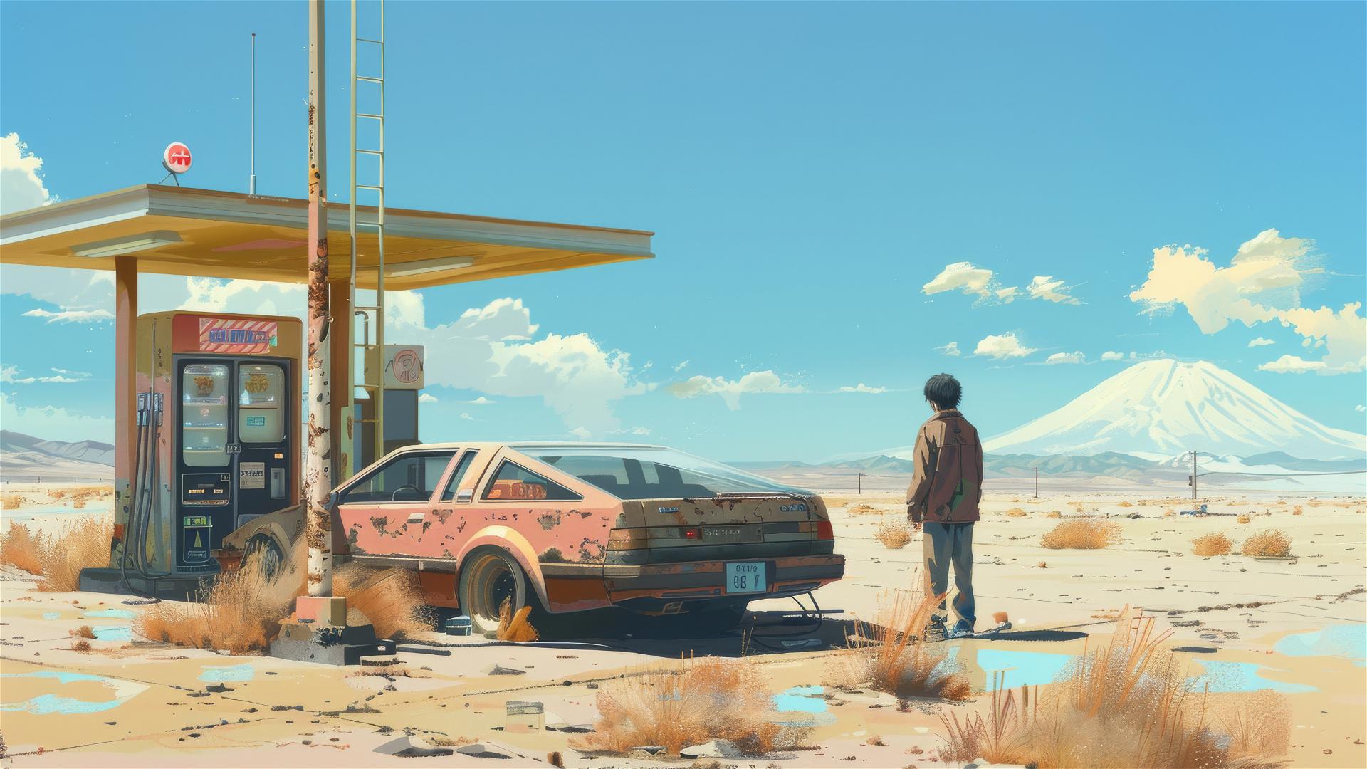 80s anime style man by car in desert with Mount Hood
