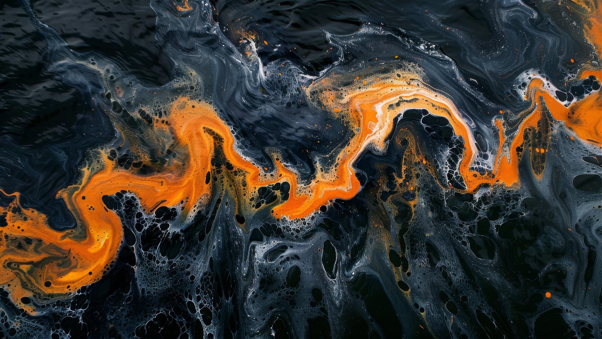 Aerial view of orange and black oil forming an S-shape pattern on dark blue water, in anime style.