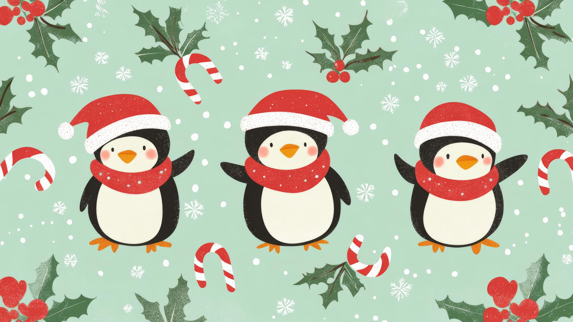 cute Christmas wallpaper preppy with penguins in Santa hats, holly leaves, candy canes