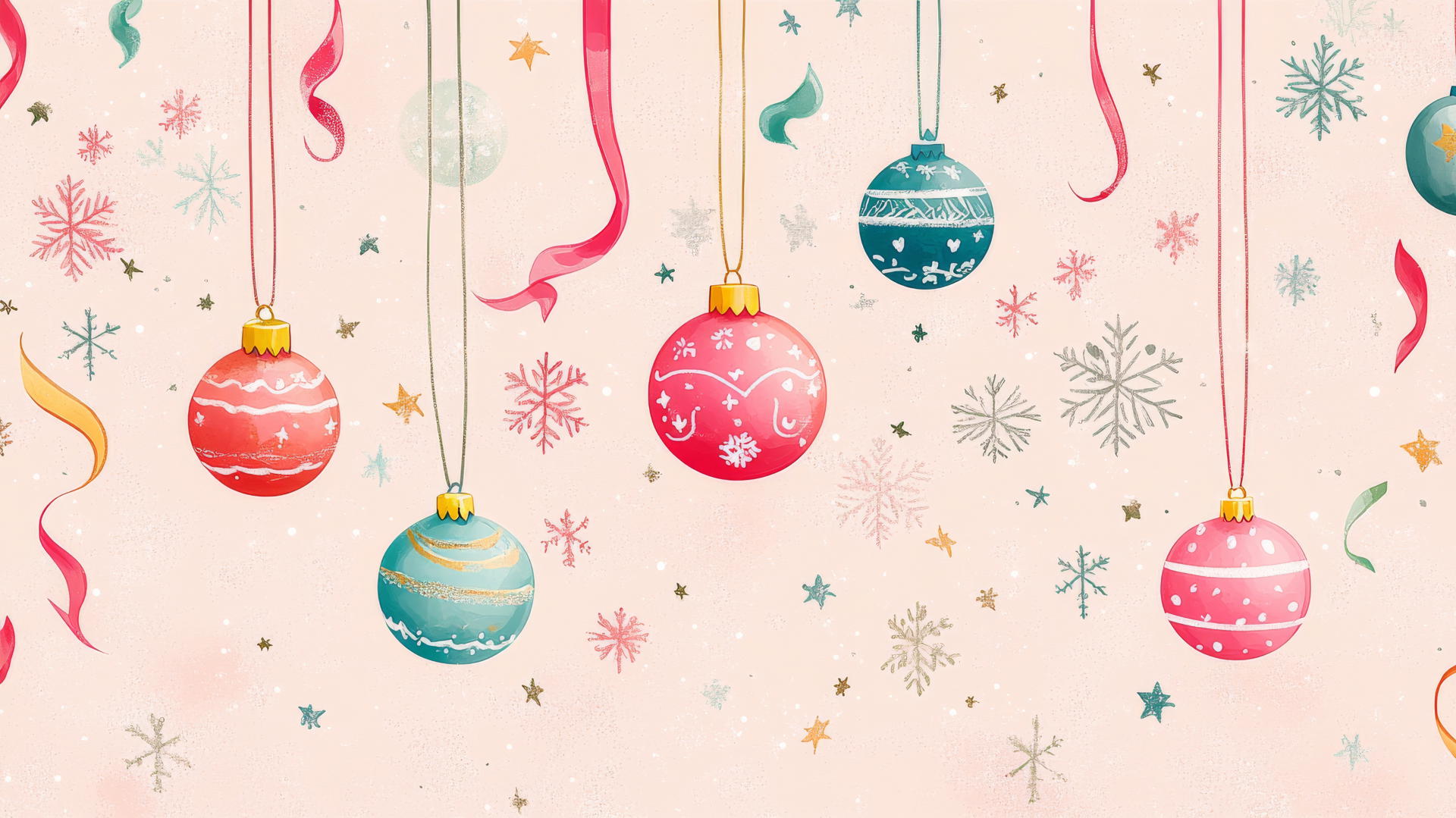 preppy Christmas wallpaper with colorful ornaments on pastel ribbons surrounded by snowflakes and stars on a soft pink background