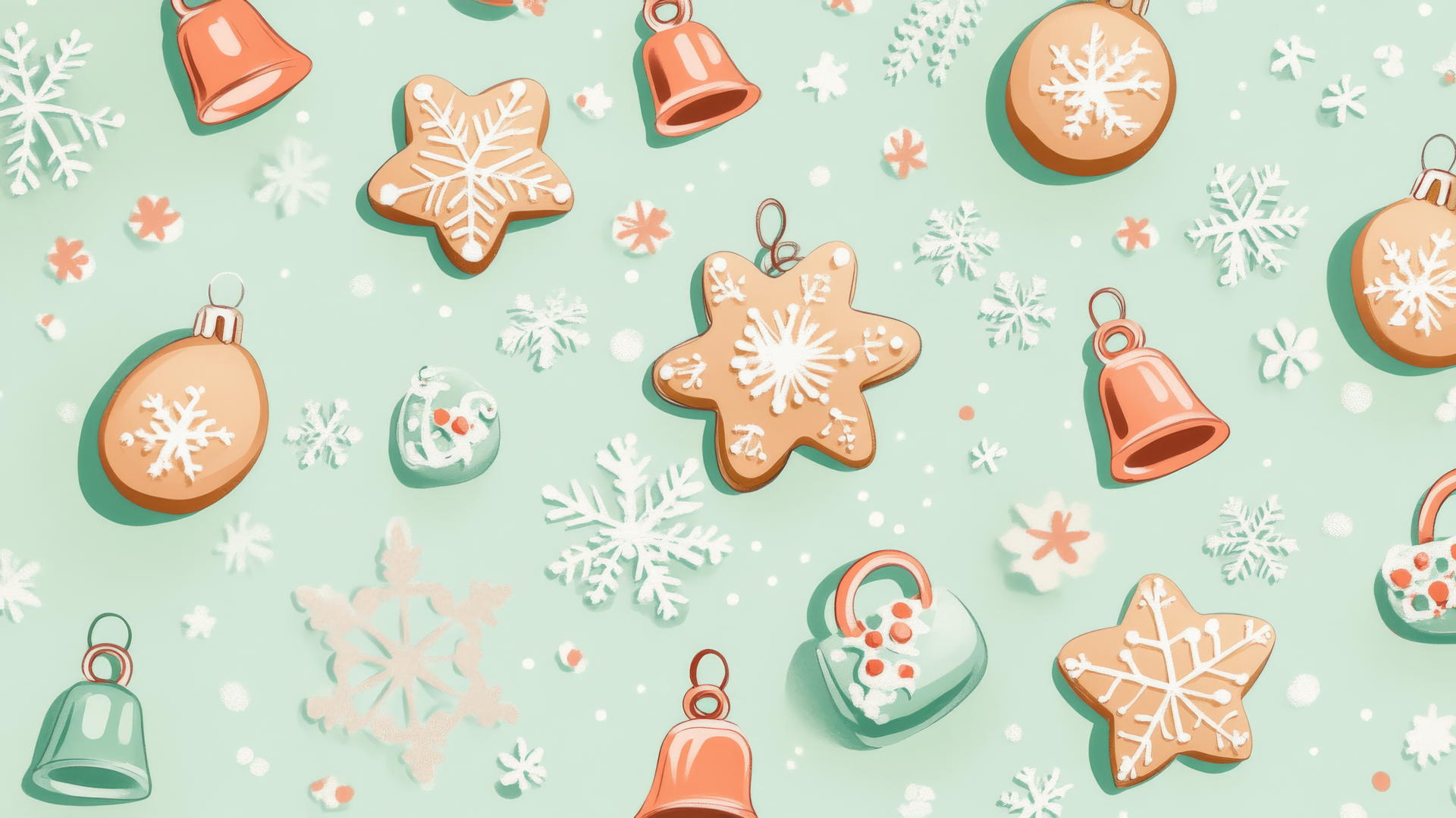 preppy Christmas wallpaper with cookies and bells in pastel colors on light green