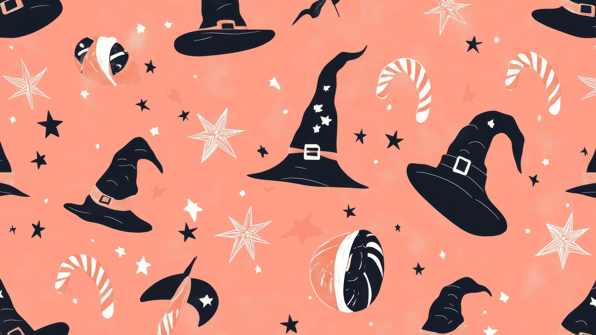 preppy wallpaper halloween with retro witches, candy canes, stars on pastel coral background