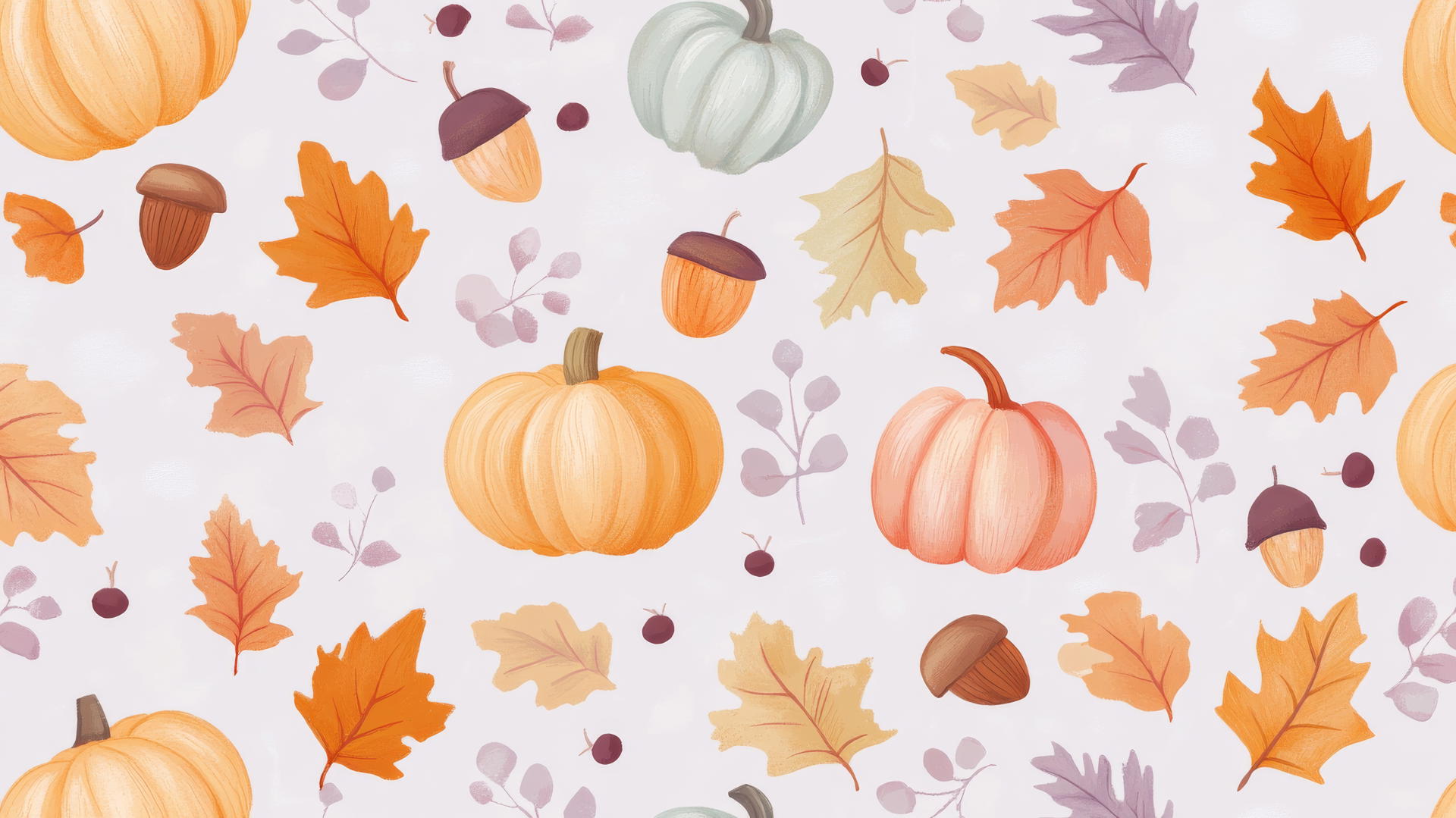 Preppy fall wallpaper with pastel pumpkins, acorns, and leaves on lavender