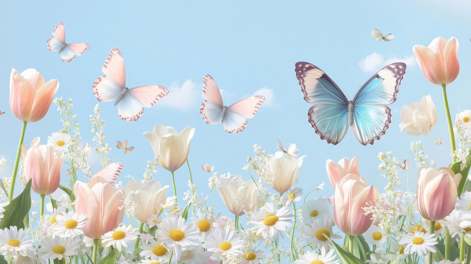 Delicate butterflies fluttering over daisies and tulips on a soft sky blue background, preppy spring wallpaper.