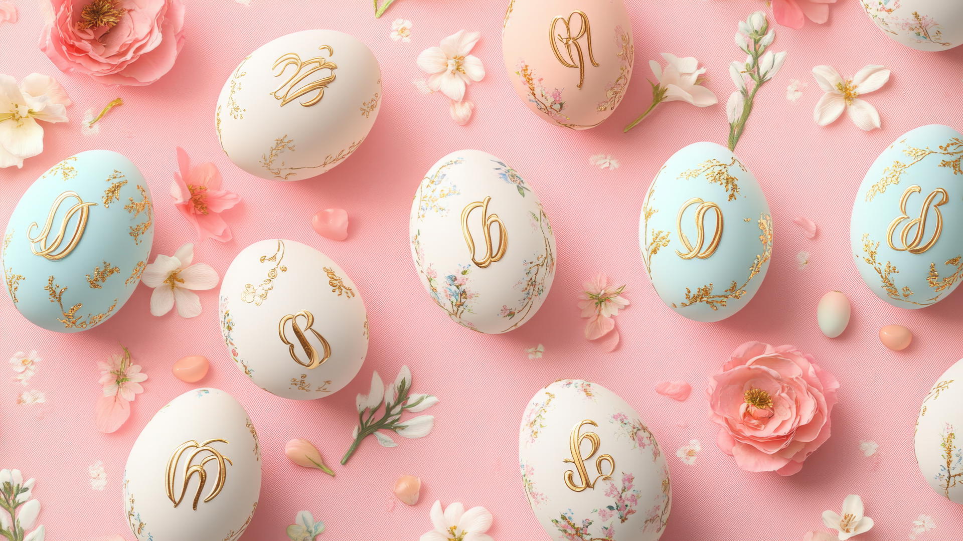 Preppy Easter wallpaper with monogrammed eggs in gold on pastel backgrounds and floral motifs