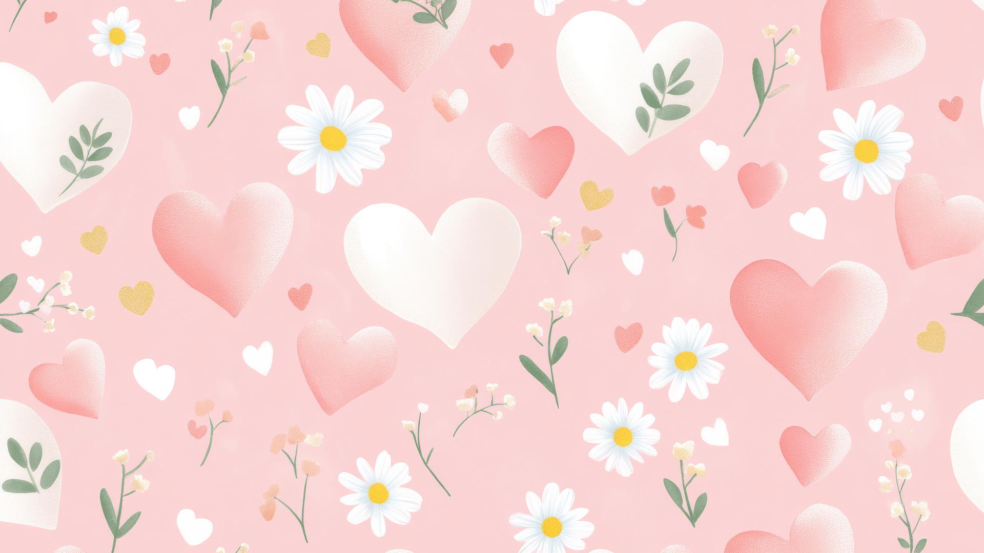 preppy valentines wallpaper with pink and white hearts, daisies, green leaves, and yellow accents