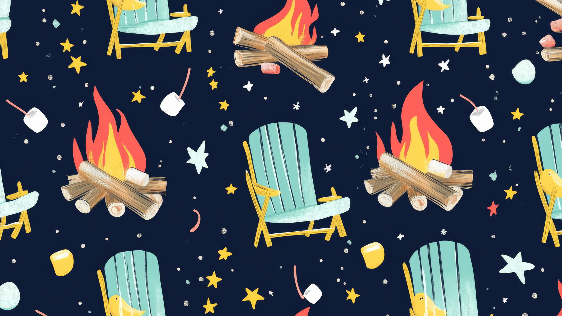 preppy beach wallpaper with bonfires, marshmallows on sticks, and beach chairs