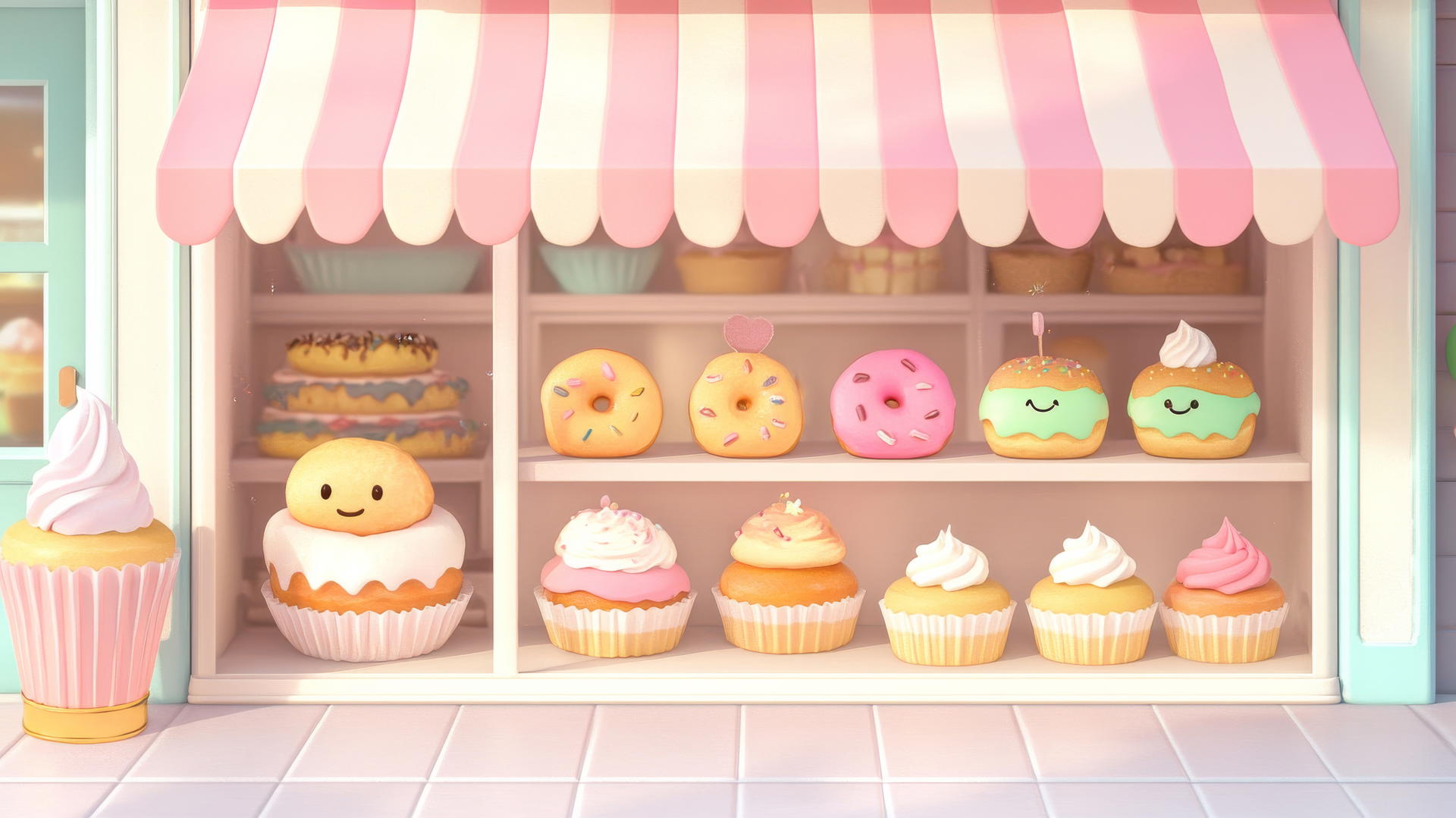 wallpapers cute cartoon bakery with smiling pastries in pastel window