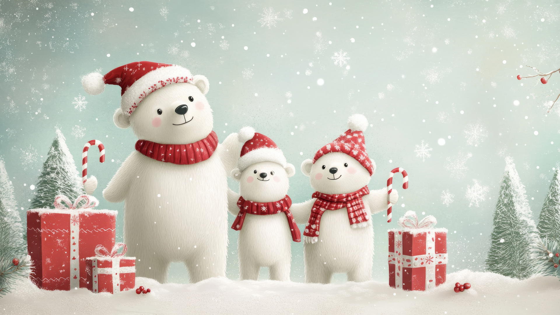 cute wallpapers for christmas featuring a polar bear family in festive attire playing in snow
