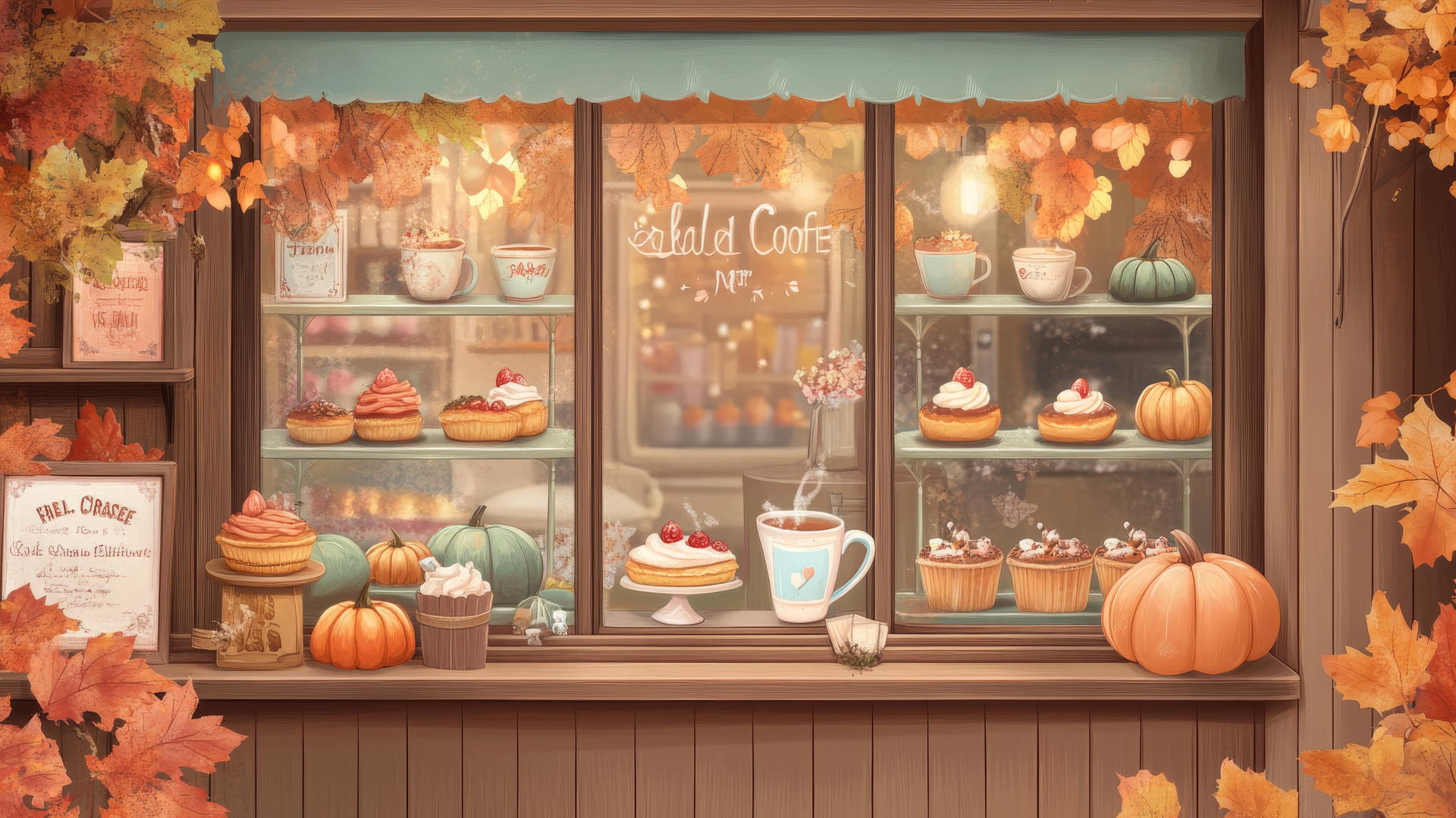 cute fall aesthetic wallpapers with pastel cups, pastries, and pumpkins