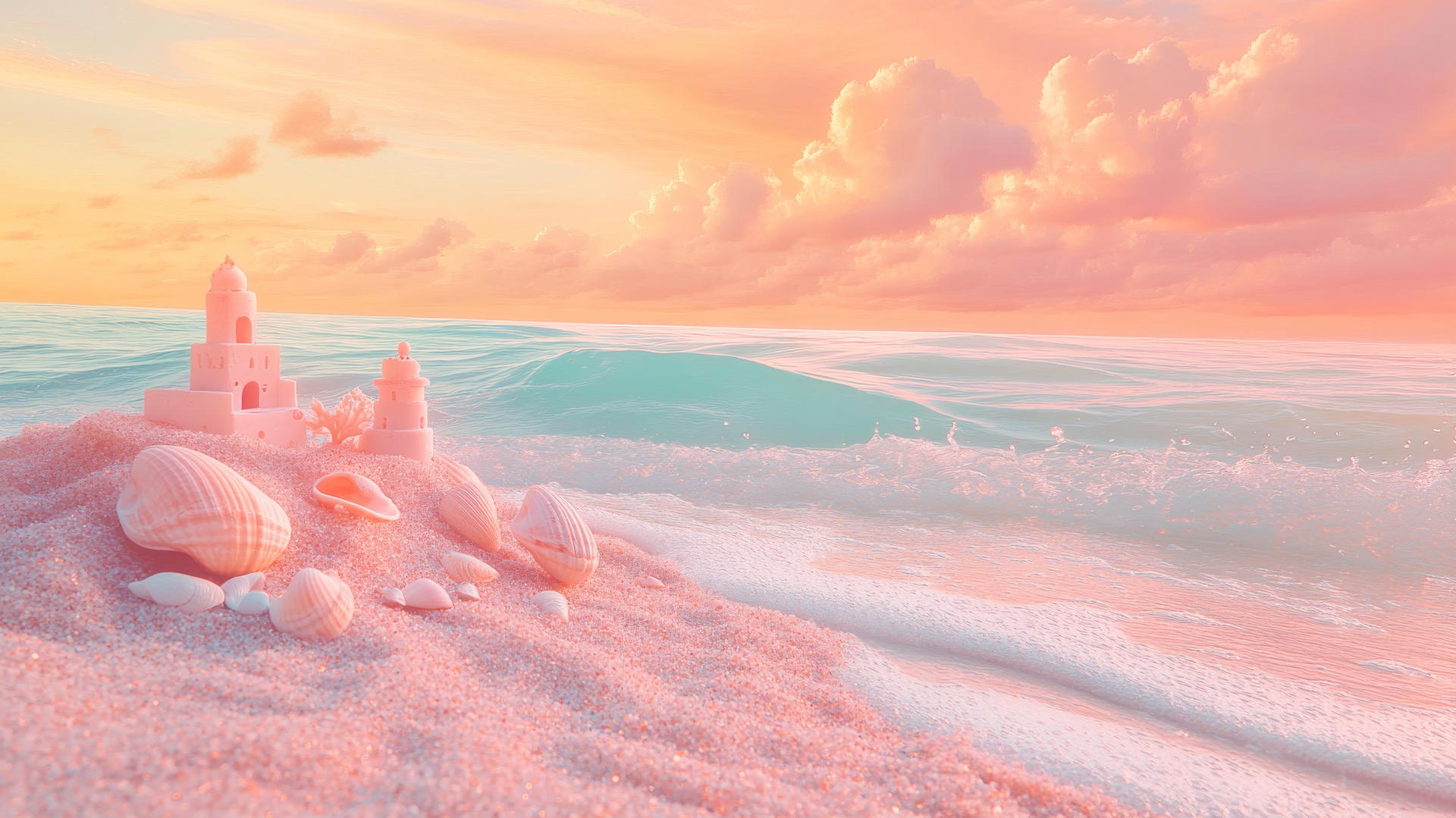 cute wallpapers for girls aesthetic, dreamy pastel beach with sandcastle and sunset