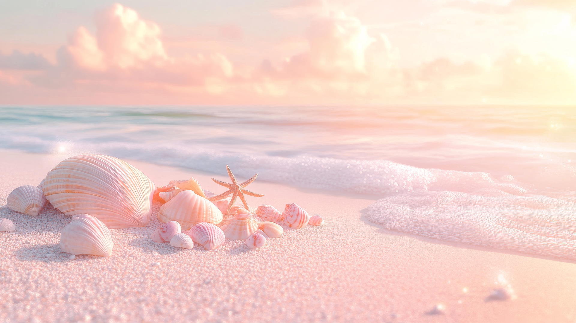 Cute wallpapers aesthetic: pastel beach scene with seashells, starfish, crabs