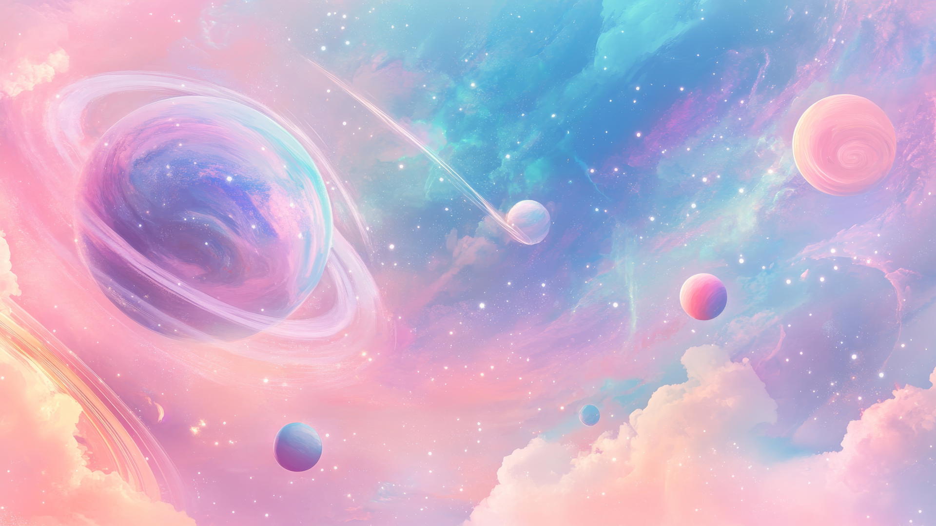 cute wallpapers aesthetic with pastel galaxy, swirling stars, glowing planets, and comets