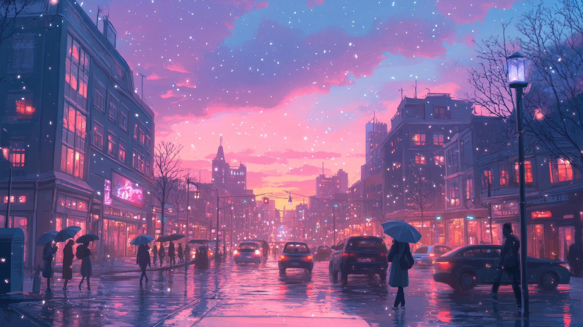 Cute aesthetic wallpapers of pastel cityscape at dusk with glowing windows and tiny cars.