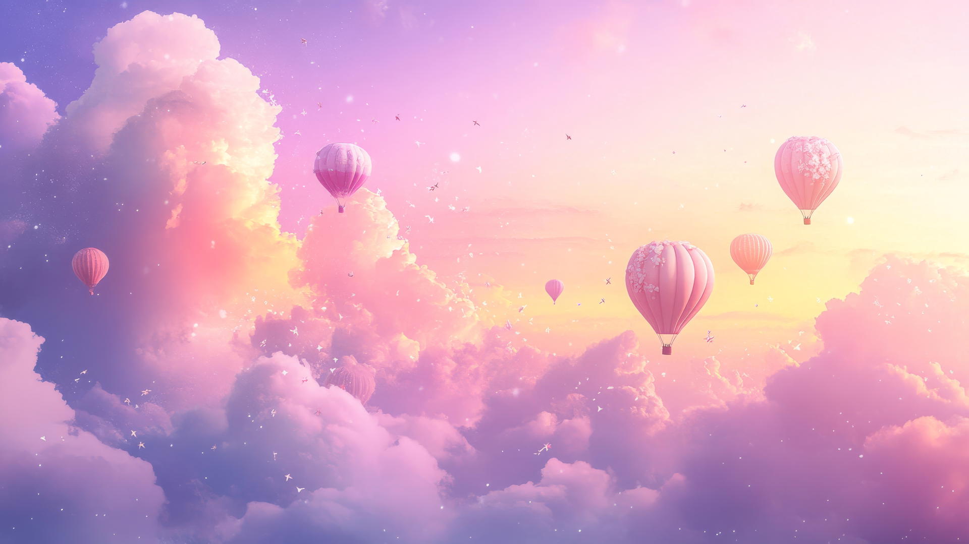 Cute aesthetic wallpapers with dreamy cloudscape, pastel clouds, tiny hot air balloons, and stars.